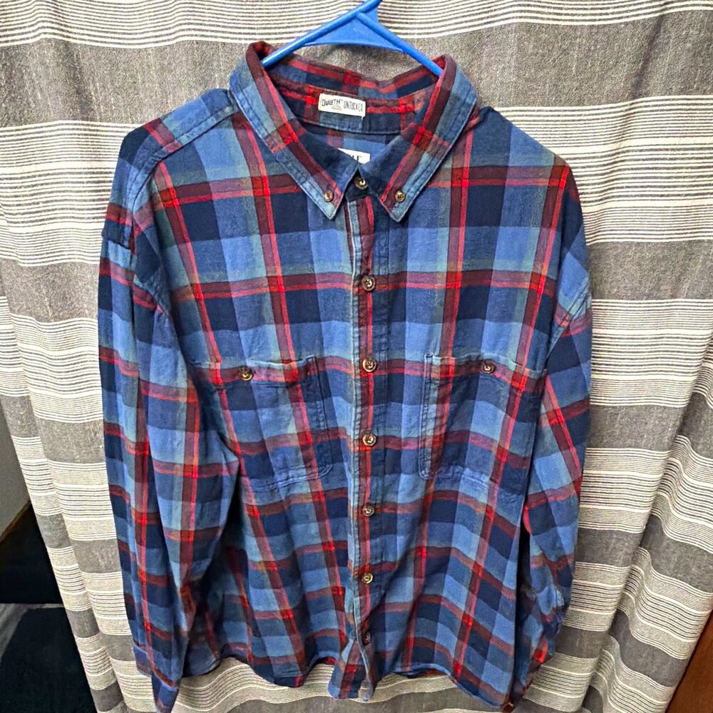 Duluth Men XL Relaxed Fit Plaid Long Sleeve Button-Down Shirt Blue Red